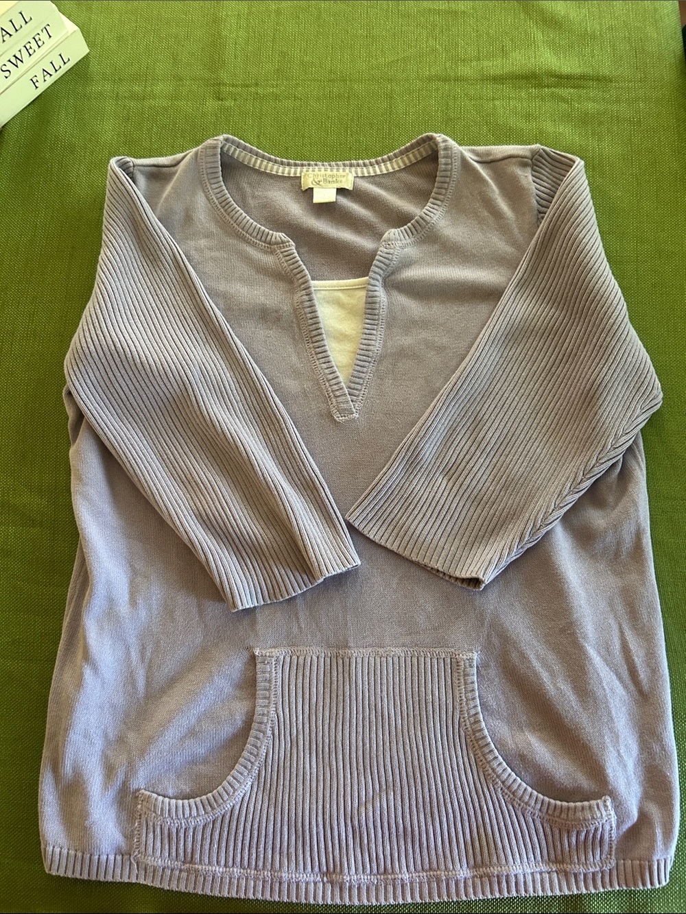 Christopher & Banks Lavender V-Notch Ribbed Pocket Crew Sweater 100 cotton